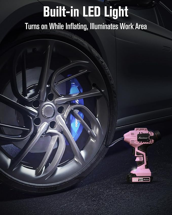 Avid Power Cordless Tire Inflator Air Compressor, 20V Car Tire Pump w/ 12V DC Adapter, Rechargeable Li-ion Battery Operated Tire Compressor w/Digital Pressure Gauge, for Many Inflatables (Pink)