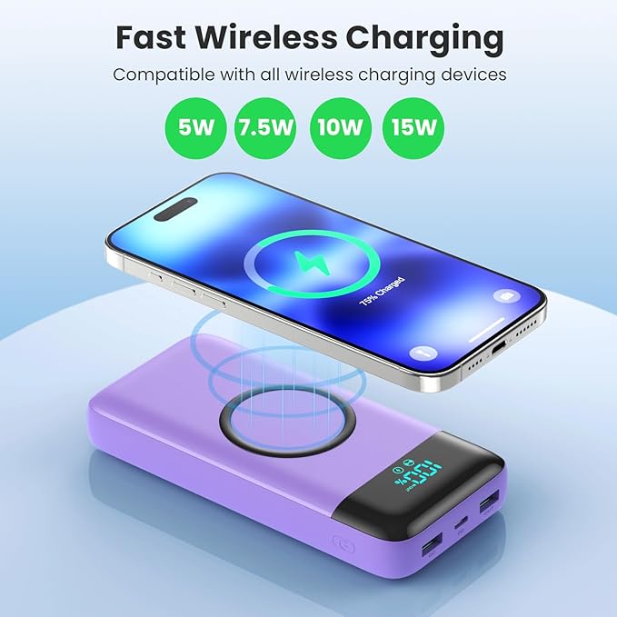 Wireless Portable Charger 40800mAh with 3 Built-in Cables,7-in-1 15W Wireless Charging Power Bank,25W PD QC 4.0 Fast Charging USB C LCD Display Battery Pack for iPhone 16/15/13,Samsung,Android-Purple
