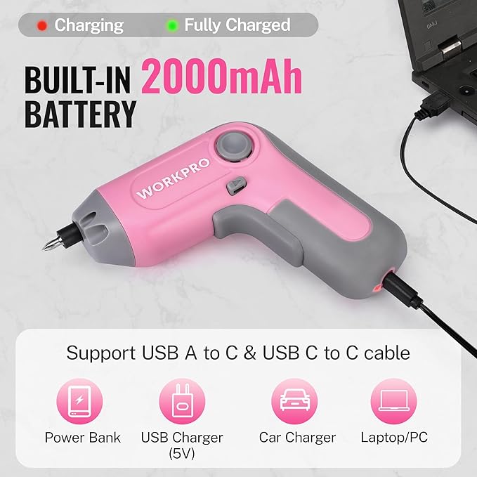 WORKPRO Electric Cordless Screwdriver with Offset Driving Shaft, 3.6V Automatic Rechargeable Screw Driver with 22PCS Bits, Battery Powered Automatic Screw Gun with LED Light & Carry Case - Pink Ribbon