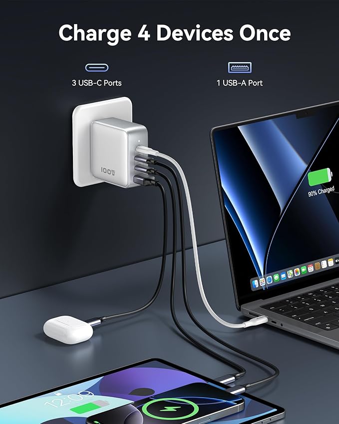 100W USB C Charger, 4-Port GaN Charger Block Charging Station, Foldable and Compact Fast Wall Charging Power Adapter for MacBook, iPad, iPhone Series, Galaxy S24/S23, Steam Deck, Google Pixelbook