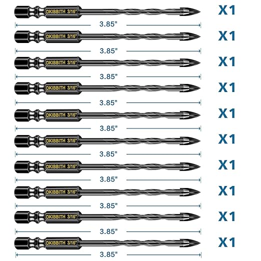 10 Pcs 3/16" Masonry Concrete Drill Bit Set for Tile Brick Glass Plastic Wood, Cross Tungsten Carbide Tip, Hex Shank, Work with Ceramic Porcelain Tile Wall Mirror Paver, 3/16 Inch Drill Bits,5mm.
