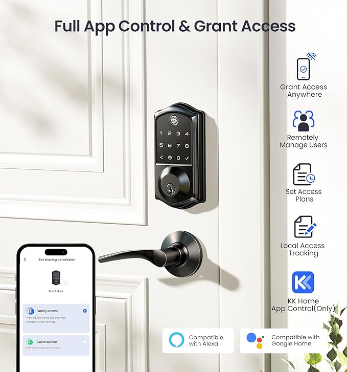 Veise VE017 Fingerprint Smart Door Lock, App Control, 7-in-1 Keyless Entry, Auto Lock, Emergency Power Port, Electronic Touchscreen Keypad, Biometric Smart Locks for Front Door, Matte Black
