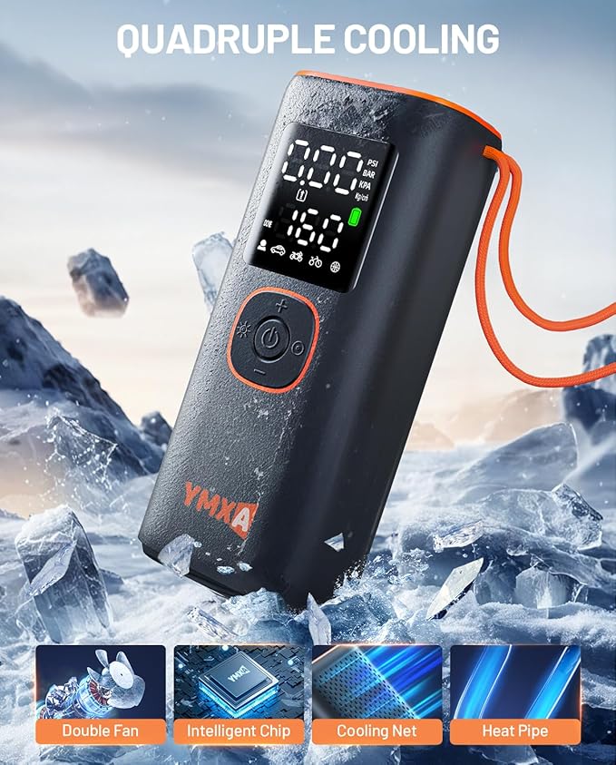 Portable Tire Inflator For Car - 5X Faster 160 PSI, DC 12V Air Pump For Car Tires, Portable Air Compressor With Large Dual Digital Screen, Tire Air Pump For with Light Truck, Motorcycle, Bike