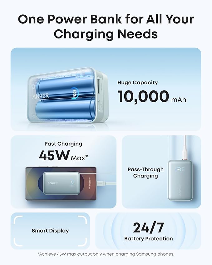 Anker Nano Power Bank, 10,000mAh Portable Charger with 2.3 ft InstaCord Retractable Cable, 45W Max Compact Battery Pack, Smart Display, for iPhone 16 Series, iPad, Galaxy, Pixel, and More