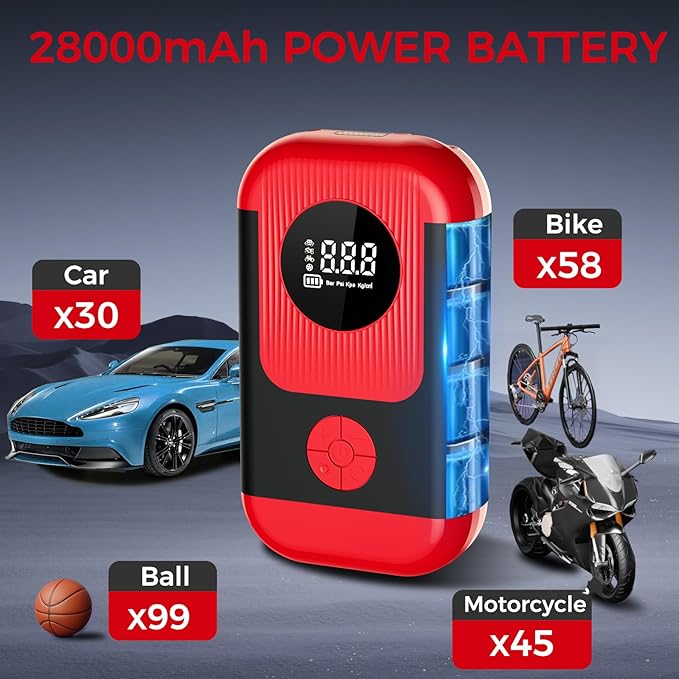 Tire Inflator Portable Air Compressor & Car Jump Starter, Cordless Air Pump with LED Light & Pressure Gauge for Auto,Motorcycles,Bikes,Balls, Emergency Battery Booster & Phone Charger,150PSI