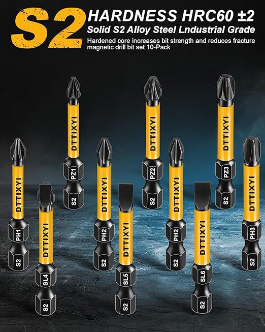 DTTIXYI 10 PCS Magnetic Screwdriver Bits Set 2 IN - Phillips Bits #1#2#3 & Slotted Head & Pozidriv Bit for Impact Driver, S2 Steel 1/4" Hex Shank for Power Drill - Professional and DIY