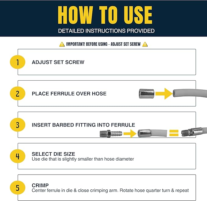 Heavy Duty Ferrule Crimping Tool Air Hose Repair Kit for 3/8, 5/16, 1/4 inch ID Hoses, Crimper w/ 5 Hardened Steel Dies & 15 Ferrules Fittings, Torch & Compressor Crimpers