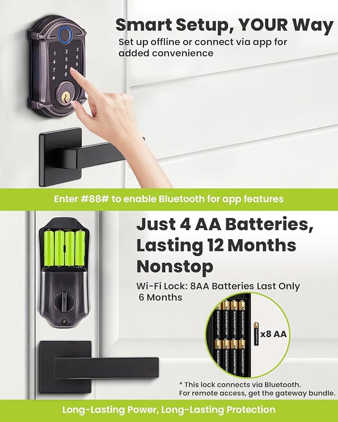 Keyless-Entry Deadbolt Smart Lock with Lever Handle Set: Digital Exterior Waterproof IP56 Locks for Front Door, Smartphone Control Fingerprint Door Lock with Keypad Key Fob(Venetian Bronze)