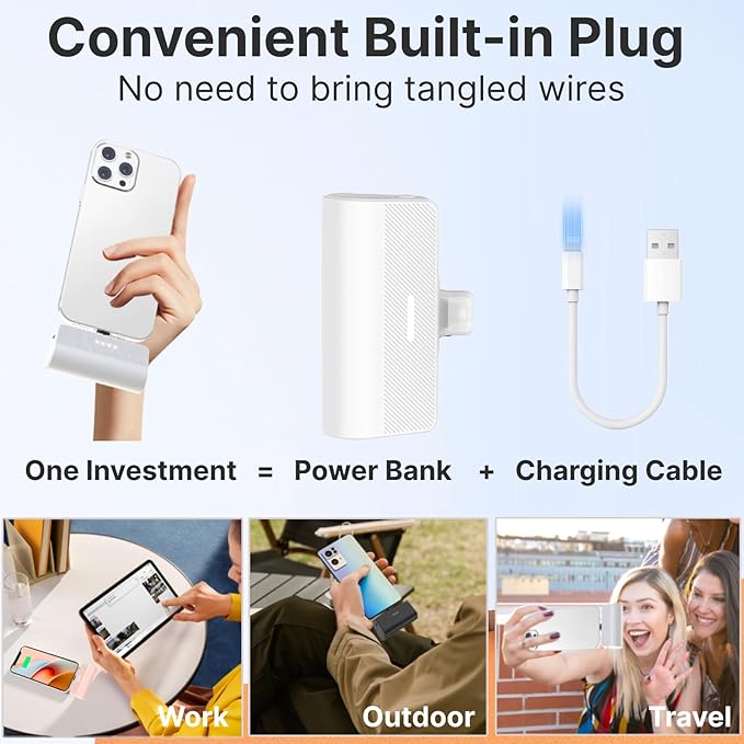 KKD Portable Charger for iPhone, Built-in MFi Certified Plug, 5000mAh Small Portable Phone Charger Power Bank for iPhone 14/13/12/11/XR/X/SE/8/7/6/6s/Pro Max/Plus,iPad,White