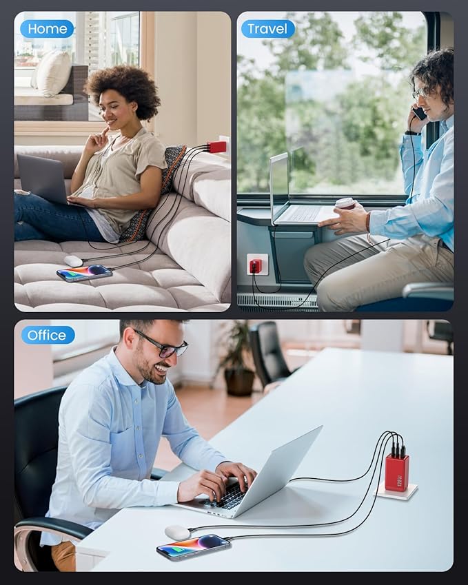 128W USB C Wall Charger,GaN III 3-Port Fast Charging Station,PD QC Foldable Charger Block Portable 65W Laptop Adapter for MacBook Pro/Air,iPad Pro,Galaxy S23,Dell XPS 13,iPhone 16/15/Pro etc