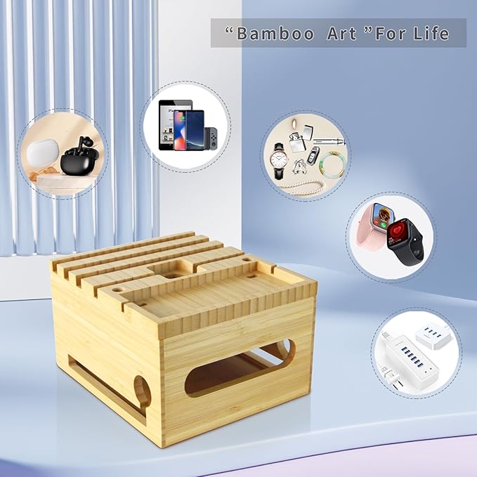 Eco-Friendly Bamboo Device Charging Stasion Organizer - Multi-Devic Manager, Cell Phone Holder and Tissue Box Combination Design - Multi-Device Charging Station, Home Charging Station