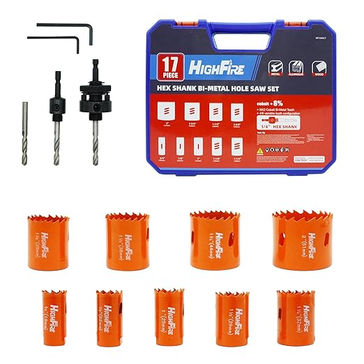 HIGHFIRE 17 Pcs 1/4" Hex Shank Hole Saw Kit for Impact Driver, 3/4" to 2" Bi-Metal Heavy Duty Hole Cutter for Metal, Wood and Plastic, Smooth and Precise, Fast Chip Removal.
