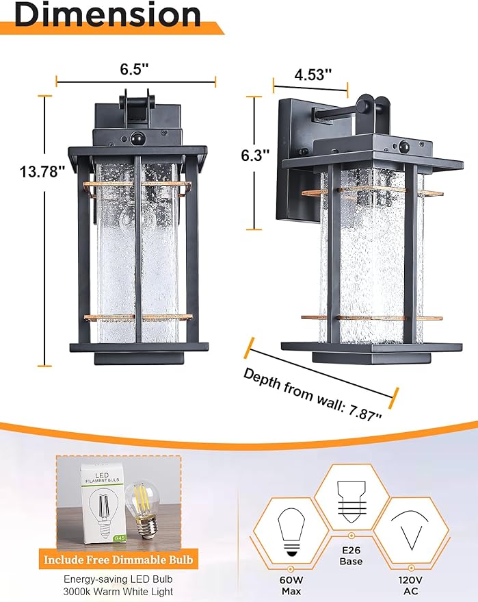 Motion Sensor Outdoor Wall Light Fixture Dusk to Dawn Exterior Wall Sconces Rustic Outdoor Wall Lamp with Seeded Glass Outside Coach Light for House Patio Garage Porch Wall Lights IP65