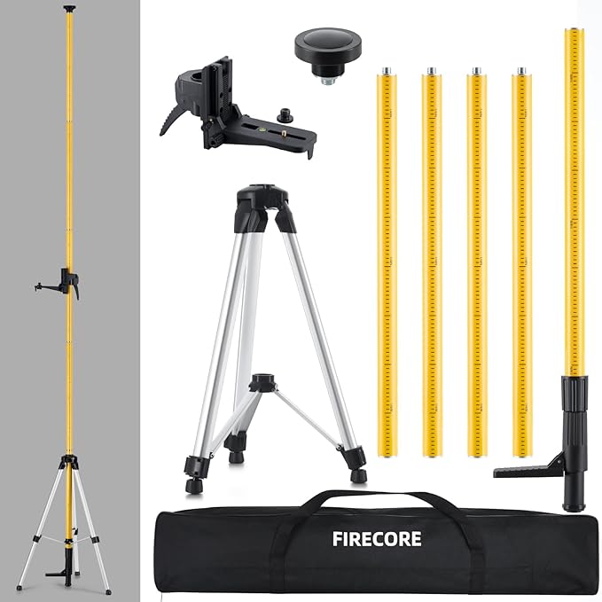 Firecore 12 Ft./3.7M Professional Laser Level Pole with Tripod and 1/4-Inch by 20-Inch Laser Mount for Rotary and Line Lasers, Adjustable Telescoping Laser Pole with 5/8"-11 Threaded Adapter-FLP370C