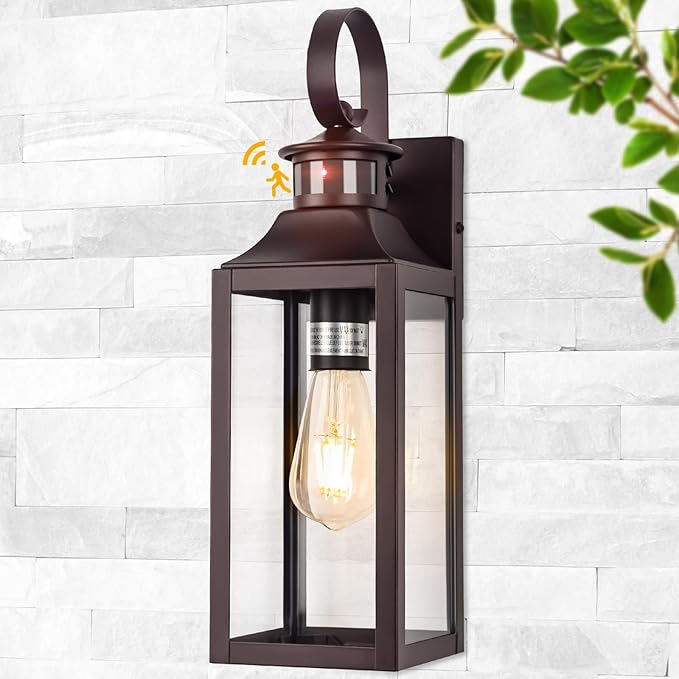 Oil Rubbed Bronze Motion Sensor Outdoor Light, 16" Dusk to Dawn Outdoor Lighting, Exterior Wall Sconce Waterproof, Large Brown Outside Lamp for House, Modern Wall Mount Porch Lantern 3 Modes, 1 Pack