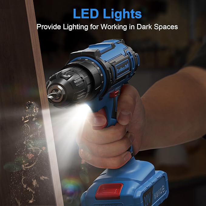 Cordless Drill, 20V Power Drill, Double 2000mAh Power Pack Electric Drills, Cordless Drills with Power Pack and Charger, 3/8" Keyless Chuck Screwdriver with 25+1 Max 370 In-lb Torque, 42Pcs Bits