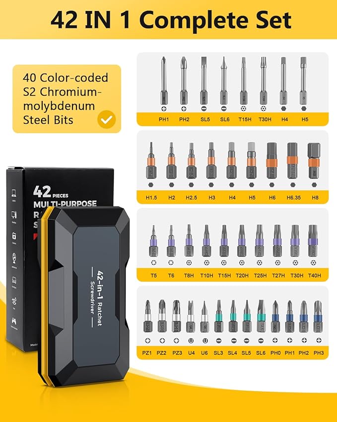 ORIA 42 in 1 Screwdriver Set, Magnetic Screwdriver Set, DIY Repair Tool Kit with Free Assembly T Handle, 40 Precision Bits, Portable Case for Furniture, Bicycle, Computer
