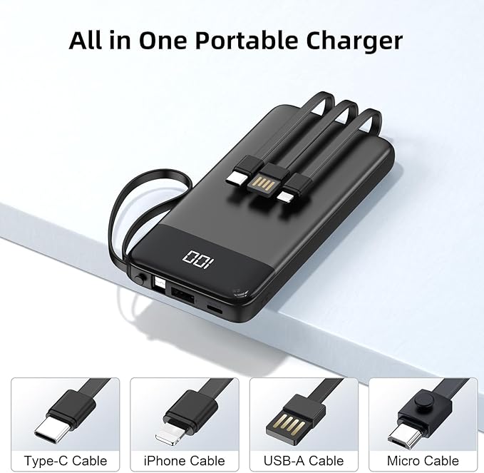 Portable Charger 10000mAh Power Bank with Built-in Cable, 5 Output 2 Input Travel Essential External Battery Pack with LED Display Compatible with iPhone 16/15 Samsung S22 Android,etc