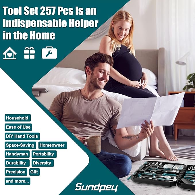 Sundpey Home Tool Kit 257-PCs - Household Basic Repair Tool Set for Men Women - General Hand Mechanic's Tool Set & Screwdriver Set & Wrench Set & Socket & Portable Tool Box Storage Case Blue