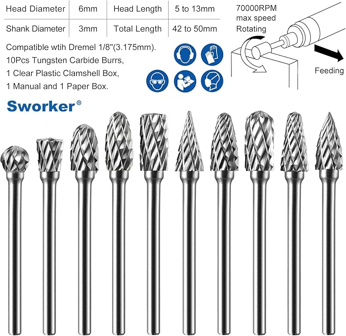 10 Pcs Carbide Burr Set 1/8" Shank Compatible with Dremel Bits Rotary Tools Attachment Kit Rasp Drill File Accessories Metal Wood Stone Steel Grinding Carving Cutting Polishing Engraving