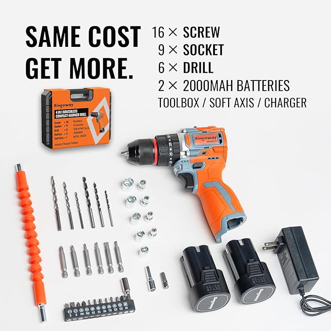 50N.m Brushless Cordless Drill, 4-Function Electric Drill with 36 pcs Accessories, Keyless Metal Chuck, 35 Torque Adjustment, 2pcs Batteries, 2 Speed, Screwdriver, Wrench, Impact Gun For Housework