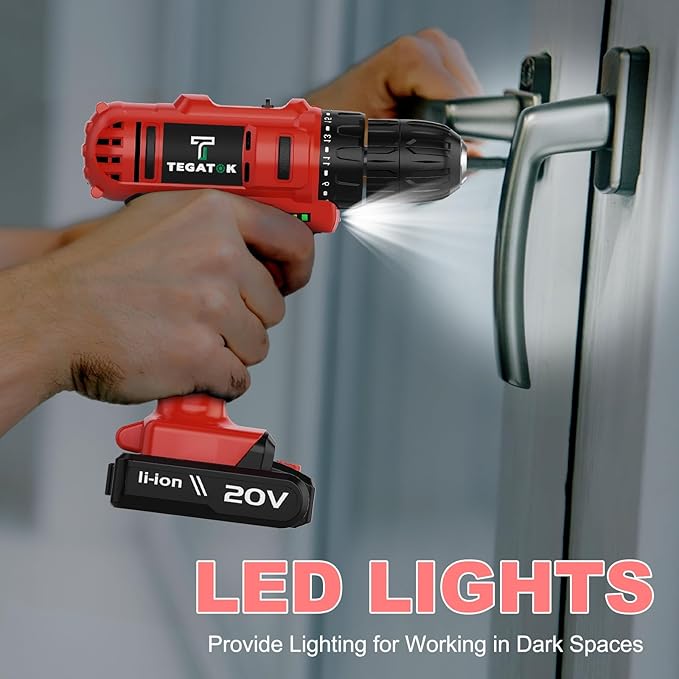 Cordless Drill Set, 3/8 Drill Handheld Screwdriver Kit with 18+1 Torque Setting, 20V Electric Drills Tools Bit, LED Electric Power Drills with Battery and Charger, Red