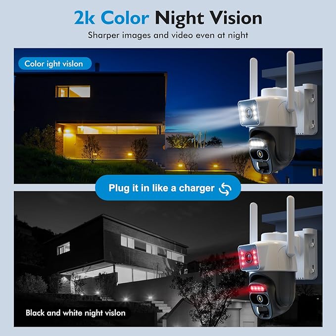 Hawkray Dual Lens Solar Security Camera Outdoor, 5G/2.4G Wireless Camera, 2K Resolution with 355° Pan/Tilt, Full Color Night Vision, Two-Way Audio, Motion Detection, Smart Alarms