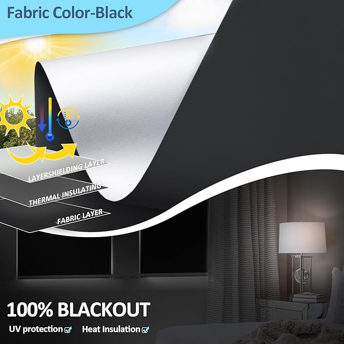 Motorized Blinds with Remote Control【Solar Panel Included】 100% Blackout Smart Roller Blinds Automatic Blinds for Windows Cordless Electric Shades Compatible with Alexa Black,34" W*72" H