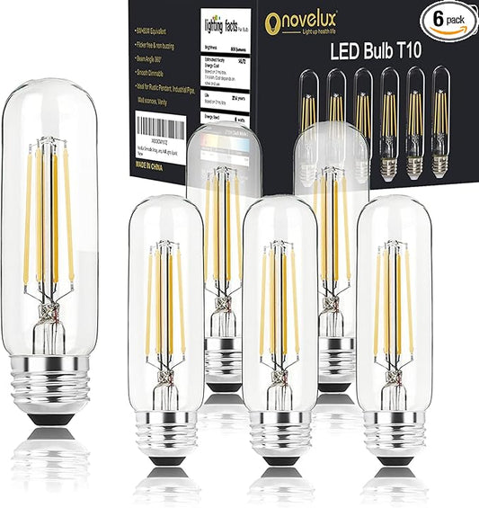 5 Inch Edison Bulb, 5000K Daylight White E26 Led Bulb 6W Dimmable, 800LM T10 T9 Bulb Clear Glass Tubular Light Bulbs, AC 120V Equal 80 Watt Bulbs for Chandelier Pendant Wall Light - 6Pack