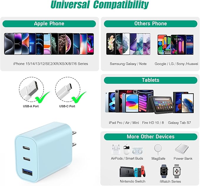 USB C Fast Charger Block 35W, 3-Pack PD Wall Charger for Apple iPhone 17 Fast Charging, Multiport Type C Charging Block for iPhone 17/17 Air/17 Pro/17 Pro Max/16/15/14/13/12, iPad Pro, iPad Air, iPad