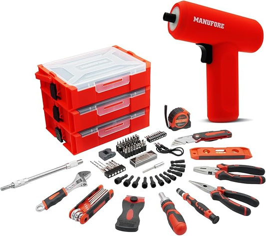 81pcs 3-layer Household Tool Set with 3.7V Cordless Screwdriver with Bits and Basic Home Hand Tools for Garden Office House Repair