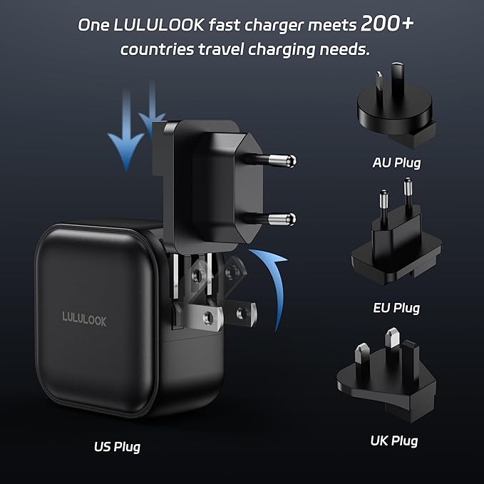 LULULOOK 65W USB C Charger, 3-Port GaN Fast Charger Block, USB Type C Wall Adapter Travel Charger for MacBook Pro/Air, iPad Pro, iPhone 16, Galaxy S24, Surface Laptop, Dell XPS, UK/EU/AU Plug Included