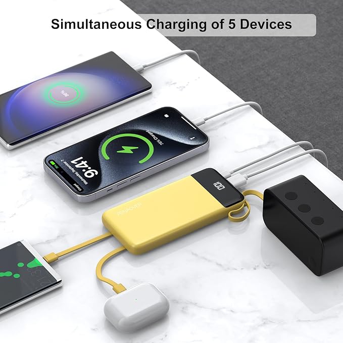 Portable Charger 10000mAh Power Bank with Built-in Cable, 5 Output 2 Input Travel Essential External Battery Pack with LED Display Compatible with iPhone 16/15 Samsung S22 Android,etc