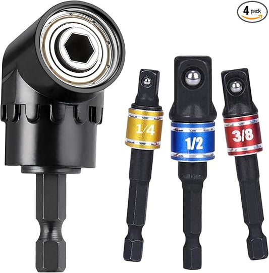 HOOOWOOO Right Angle Drill 105 Degree Right Angle Screwdriver set Drill Hex Bit Socket Adapter,3Pcs 1/4" 3/8" 1/2" Cr-V Hex Shank Impact Grade Driver Socket Adapter/Extension Set Drill Bit