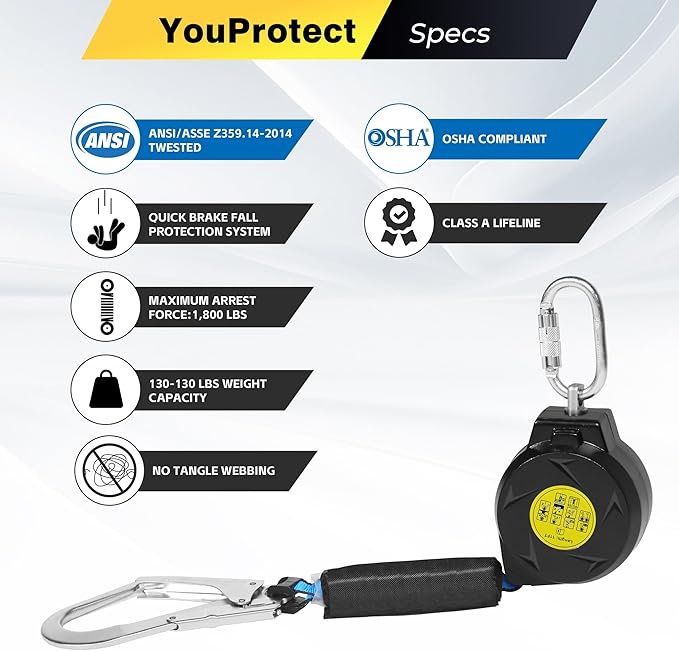 11FT Self Retracting Lifeline Fall Protection Retractable Lanyard, Fall Arrest Safety Yoyo for Construction Industrial - OSHA/ANSI Compliant (Large Hook)