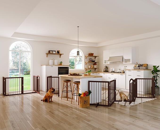 JSB 144-inch Extra Wide 30-inch Tall Dog gate with Door Walk Through, Freestanding Round Tube Pet Gate for Halls Stairs, Puppy Safety Dog Fence with 2PCS Support Feet (Espresso)