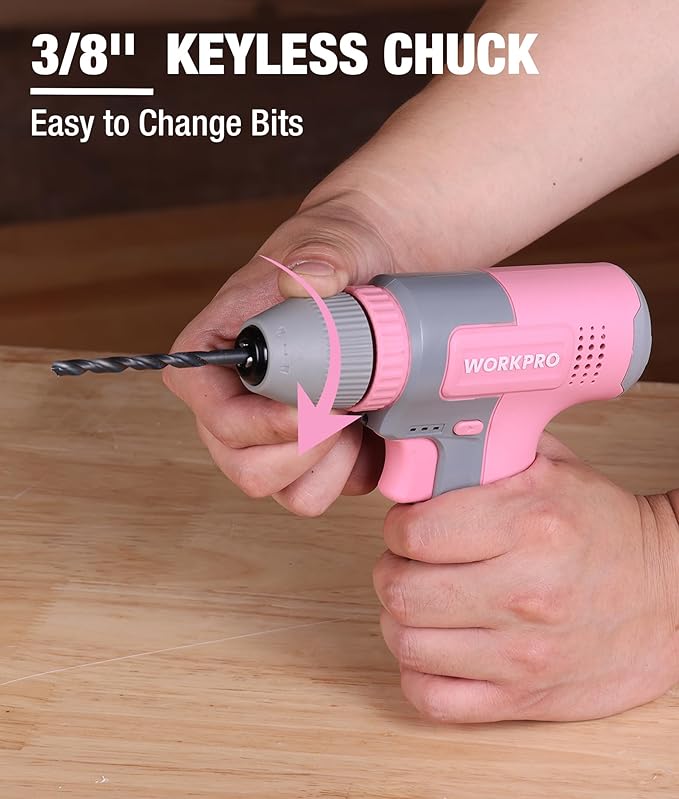 WORKPRO Pink Cordless 8V Drill Driver Set, 2Ah Electric Power Drill with 3/8'' Keyless Chuck, 15pcs Bits & 1 Type-C Charging Cord for Drilling and Screwing - Pink Ribbon