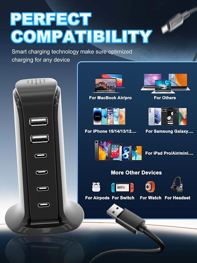 USB Charger, Charging Station for Multiple Devices 65W, Fast Charging Blocks with 4Type C Ports, Dual USB Charging Hub Organizer Multiport for iPhone, Ipad, Smartphones, Travel Accessories (Black)