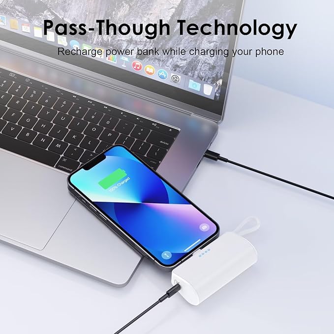Mini Portable Charger for iPhone with Built-in Type-C Cable, 5200mAh Ultra-Compact Power Bank, PD 20W Fast Charging Battery Pack Phone Charger for iPhone 16/15/14/13, Samsung, Google, Android (White)