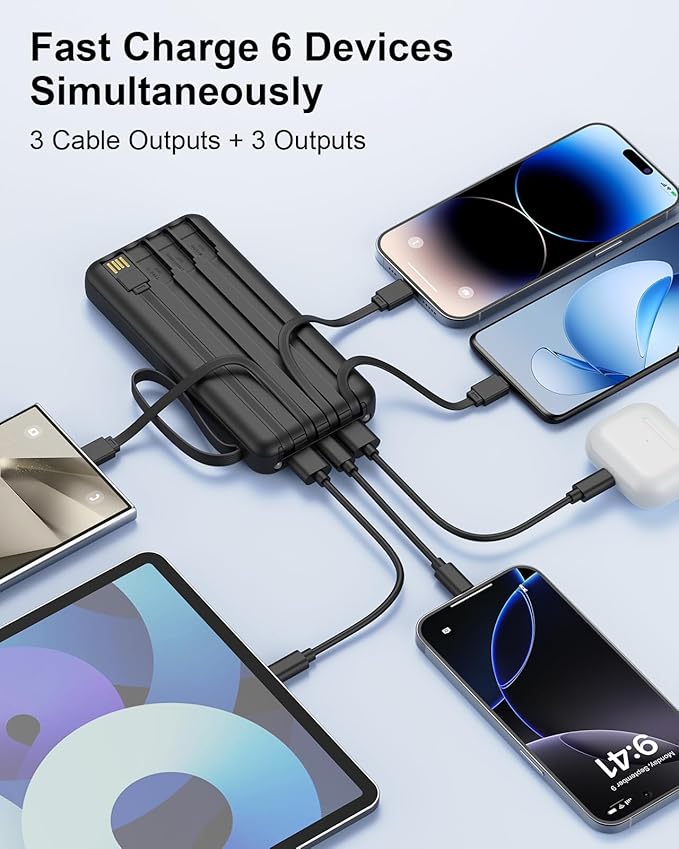 Portable Charger with Built in Cables, Slim 10000mAh Fast Charging 22.5W Power Bank USB C LED Display Battery Pack 6 Outputs & 2 Inputs for iPhone Samsung Pixel LG Moto iPad