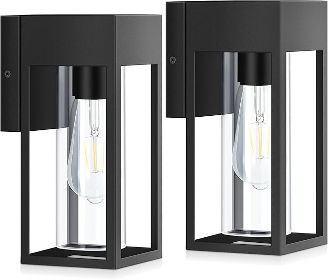 2-Pack Outdoor Wall Light Fixtures, Exterior Waterproof Lanterns, Porch Sconces Wall Mounted Lighting with E26 Sockets & Glass Shades, Modern Matte Black Wall Lamps for Patio Front Door Entryway