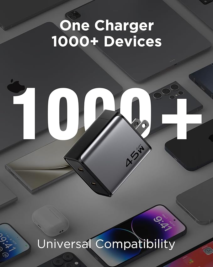 PISEN 45W USB C Charger - GaN Dual USB-C Wall Charger Block Fast Charging, Mini Foldable PD PPS for iPhone16/15/14 Pro, Pro Max, Mini, iPad Pro Series, Samsung Galaxy S23 Ultra, MacBook Etc