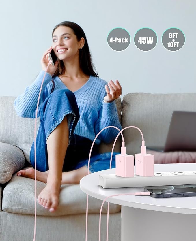 2 Pack 45W Super Fast Charger Type C for Samsung, USB C Android Phone Charger Fast Charging Block with 6FT/10FT Type C Charger Cord for Samsung Galaxy S25/S24/S23/S22+ Ultra/iPhone 17/16/15-Pink
