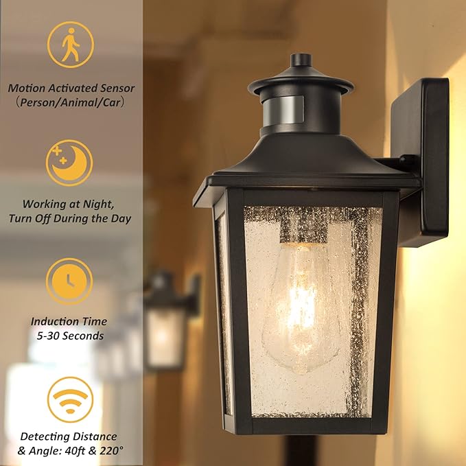 Motion Sensor Outdoor Wall Light - Black Dusk to Dawn Outdoor Lighting, LED Waterproof Exterior Light Fixture, Modern Porch Light Outside Wall Mount for House Patio Garage Garage, Anti-Rust