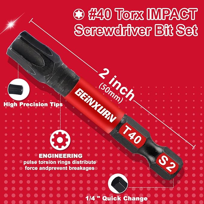 10Pieces 2 In. T40 Impact Tough Magnetic Screwdriver Bit Set, #40 Torx Head Power Bits, S2 Alloy Steel Star Bits with Storage M-Box