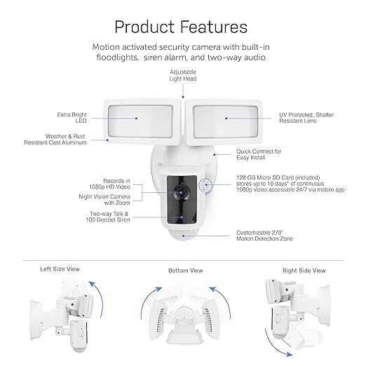 Feit Electric SEC3000/CAM/WIFI Outdoor LED Smart Security Camera with Motion Sensor, 2-Way Audio, 39-Watt Floodlight, Works with Alexa and Google Asst, Alarm, Hardwired, 128 GB Micro SD Card Storage