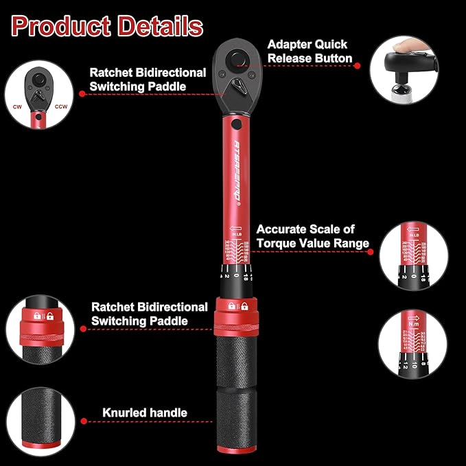 1/4" Torque Wrench (20-240 in-lb / 2.3-27.1 Nm) -Dual Scale, 72-Tooth Ratchet, ±3% Pre-Calibrated Accuracy, Suitable for Bike & Bicycle Maintenance