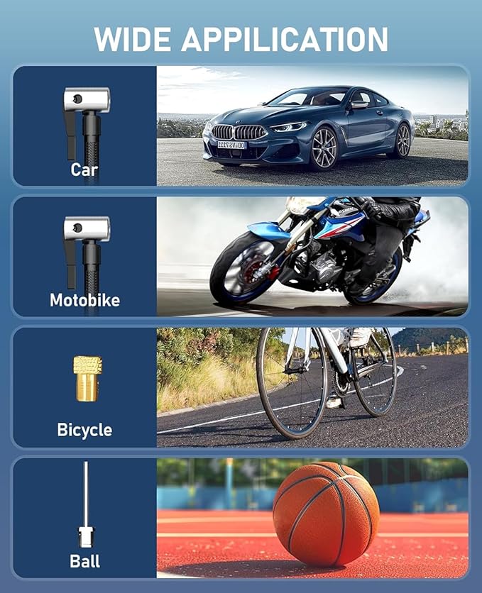 Tire Inflator Portable Air Compressor, 150PSI Cordless Air Pump for Car Tires, Battery & 12V DC Dual Power Electric Bike Tire Pump with Digital Pressure Gauge, LED Light, for Motorcycle, Ball