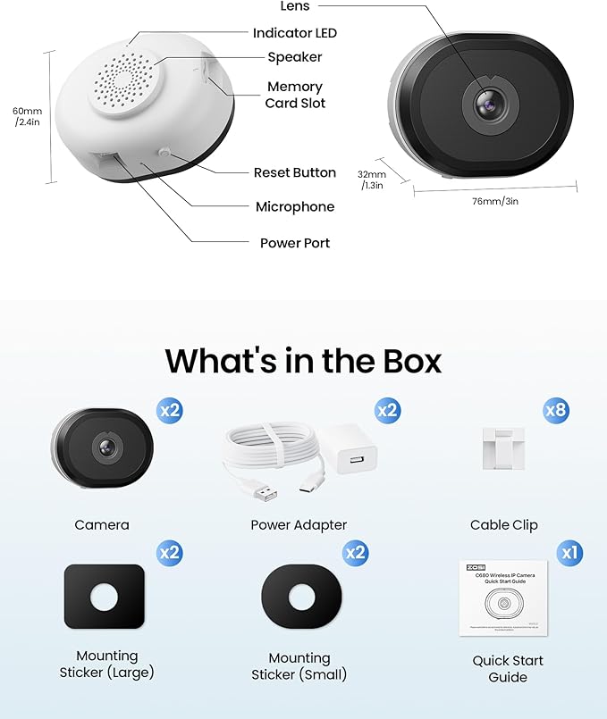 ZOSI 2 x C680 2K Window Security Camera with Full Color Night Vision, 3MP Indoor Plug-in WiFi Camera for Home Security, Human Vehicle Detection, 2.4/5GHz, Cloud/Memory Card Storage, Easy Install