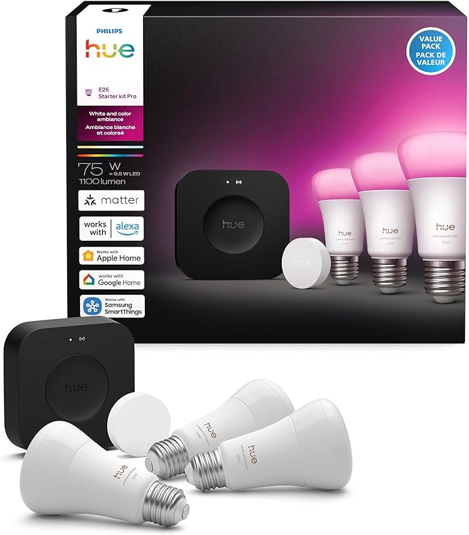 Philips Hue Starter Kit: Bridge Pro + 3 A19 E26 Smart Bulbs + Button, White & Color Ambiance, Smart Light Hub, Works with Apple Home, Alexa, Google, Samsung SmartThings